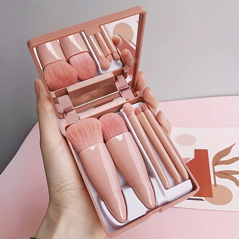 5-teiliges tragbares Make-up-Pinsel-Set mit Spiegel – faltbares Reise-Set, Mini-Make-up-Pinsel-Set, Reise-Make-up-Pinsel-Set