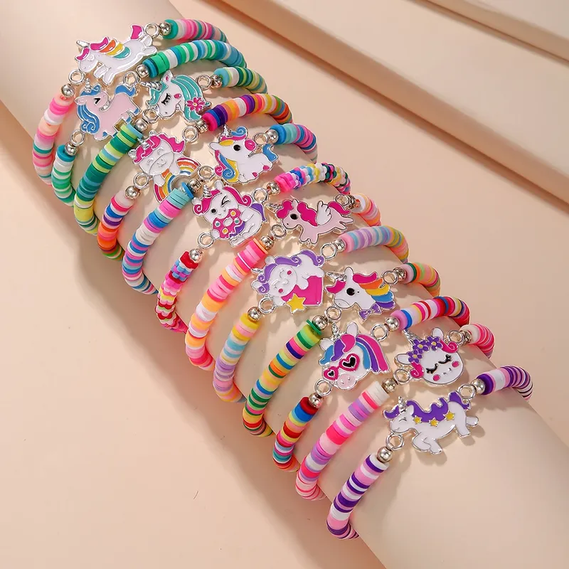 12 Teile/satz Einhorn Katze Blume Charme Elastische Handgemachte Perlen Armbänder für Frauen Mädchen Geburtstag Party Schmuck Freundschaft Geschenk