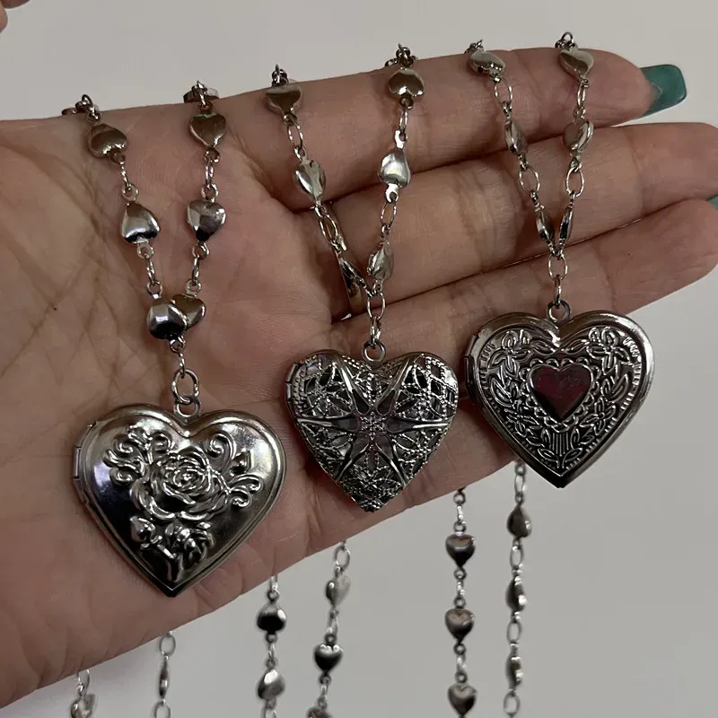 Romantische Herz Medaillon Anhänger Öffnende Weibliche Silber Farbe Edelstahl Foto Rahmen Charme Halskette für Frauen Männer Schmuck Geschenk