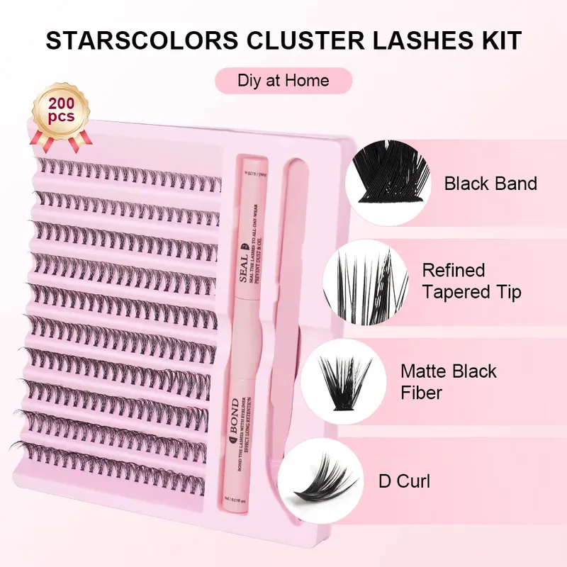 DiY Cluster-Wimpern-Set, 200 Stück: 8–16 mm, gemischt, Bindung und Dichtungskleber, Pinzette für einen natürlichen Selbstanwendungsoptik
