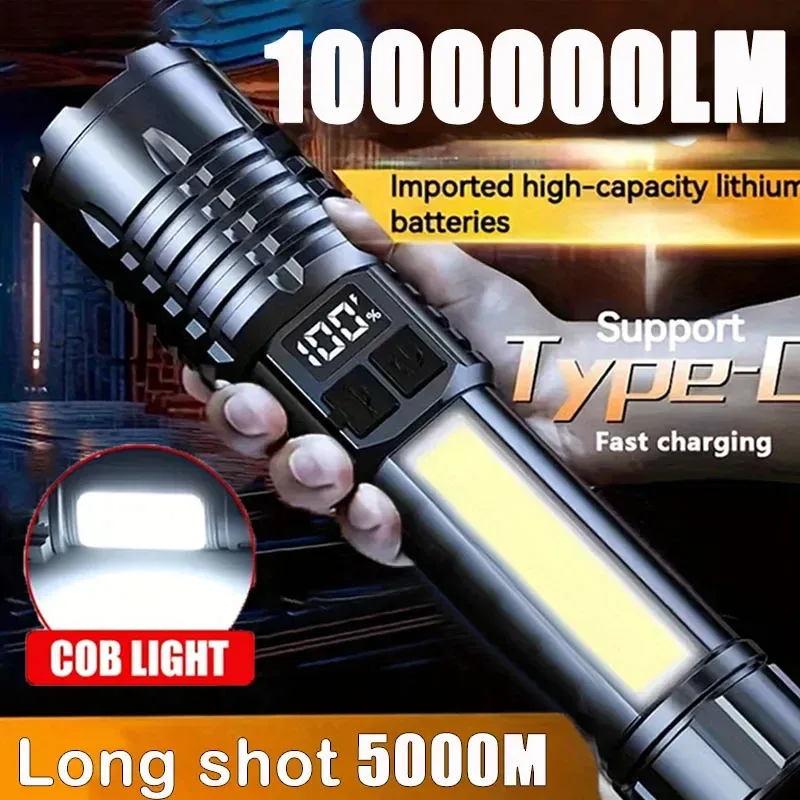 Heinast Hochleistungs-LED-Taschenlampe, leistungsstarke wiederaufladbare COB-Taschenlampe TYPE-C mit Seitenlicht, Taschenlampe für Outdoor-Camping, Wandern