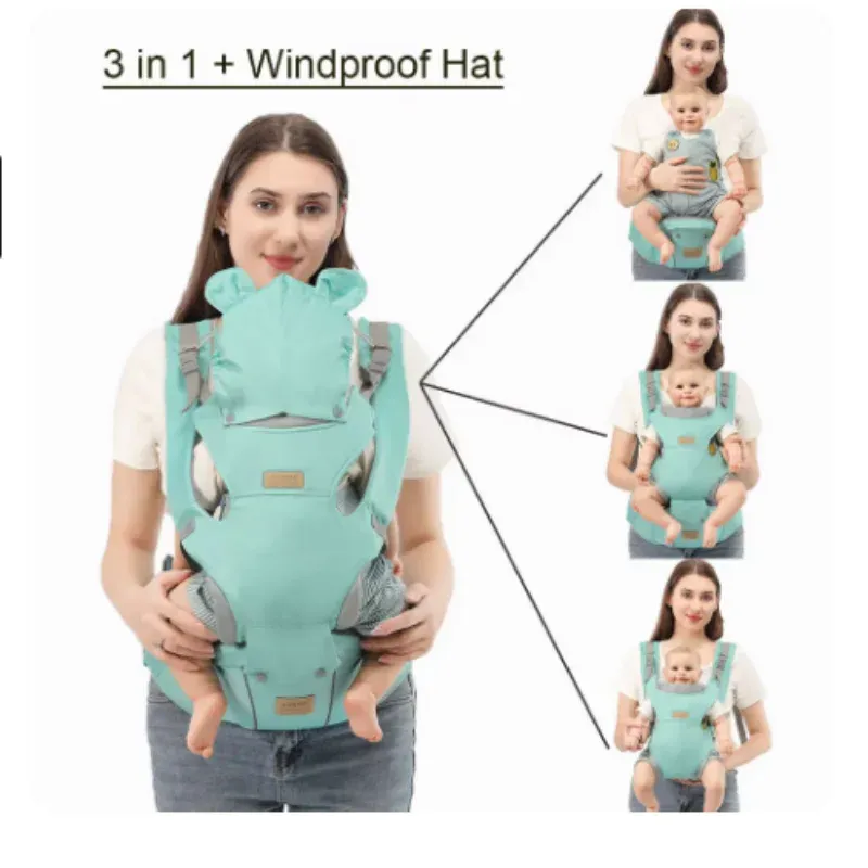 3-in-1-Baby-Hipseat-Träger, Rucksackgurte für Kleinkinder, 0–36 Monate, ergonomisch, mit winddichter Mütze für leuchtende Winterstreifen