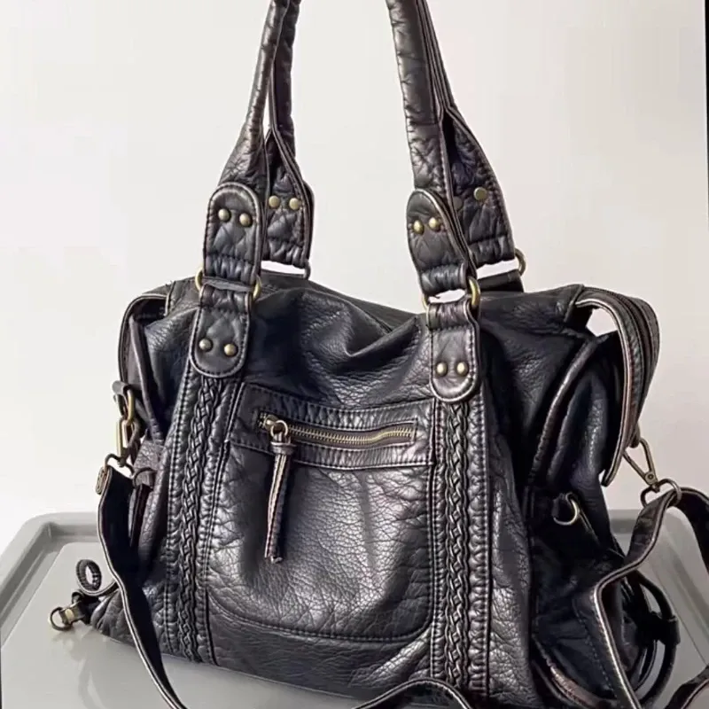 Y2K Spicy Girl One Shoulder Umhängetasche Vintage gewaschenes Leder Motorradtasche große Kapazität Tasche