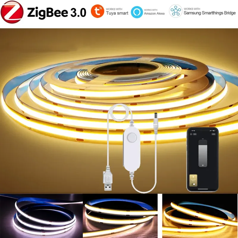 5V USB Tuya Zigbee 3.0 COB LED Streifen Licht 1m-5m Warmweiß Flexible Dimmbare Lichter 320leds/m Hause Dekoration für Alexa Google