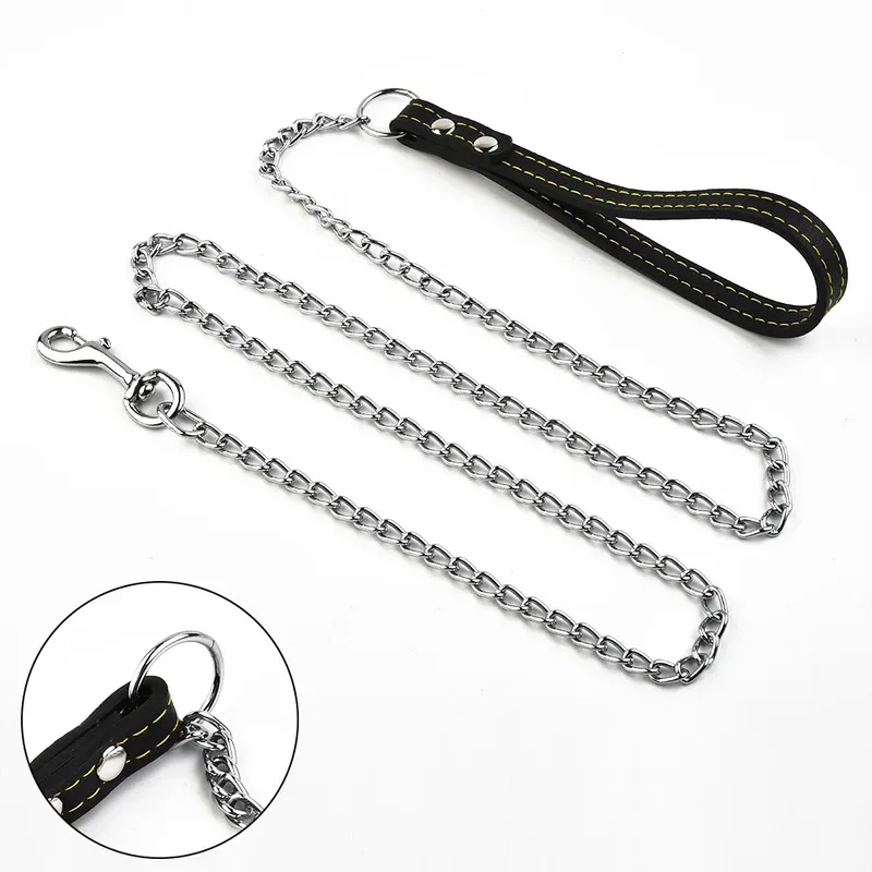 Metall-Hundeleine mit Ledergriff, Starke Kontrollleine, Eisen-Hundezubehör, Halsbänder, Geschirre, Ketten-Zugseil