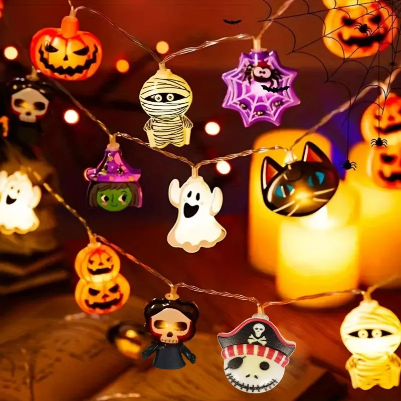 1PC Halloween 10/20 LED Batteriebetriebene Lichterketten mit Geisterhexe Katze Kürbis Spinnennetz Skelett Mumie Piratenform Innen