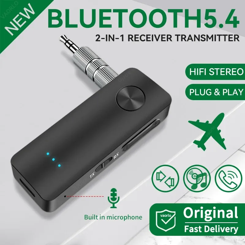 2-in-1 Bluetooth 5.4 Audio-Sender und -Empfänger, 3,5-mm-AUX, HiFi-Stereo-Musik-Drahtlosadapter mit Mikrofon für Auto, Flugzeug, TV, PC, Kopfhörer, Lautsprecher【Geeignet für Flugzeug-Audio】