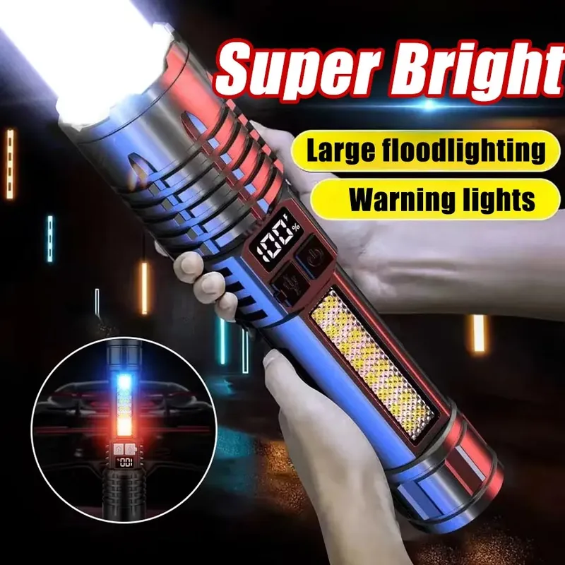 Hochleistungs-LED-Taschenlampe, leistungsstarke wiederaufladbare USB-COB-Taschenlampe mit Seitenlicht, Taschenlampe für Outdoor-Camping, Wandern, Angeln