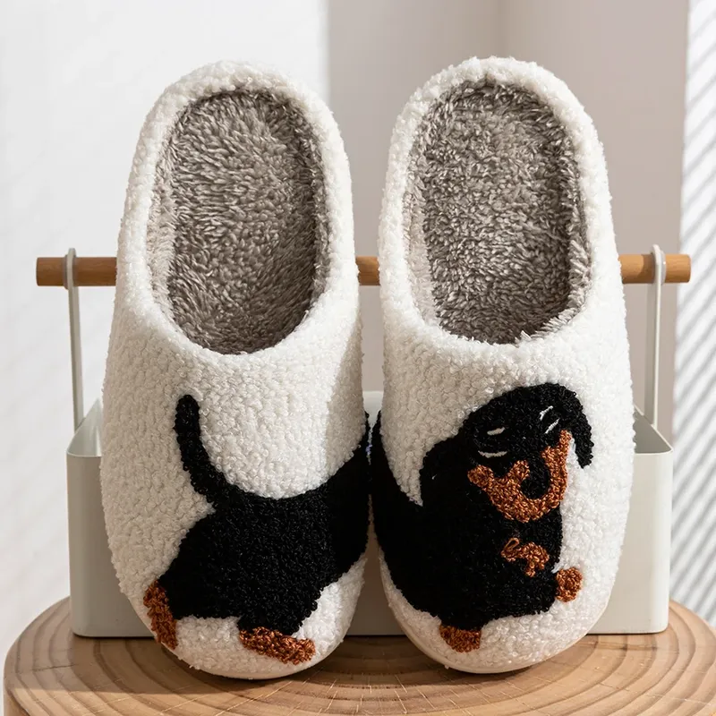 Winter-Damenhausschuhe, niedlich und interessant, Cartoon-Motiv, kleiner schwarzer Hund, für den Innenbereich, warmer Komfort, Zuhause, Schlafzimmer, weiche, lässige Plüschschuhe