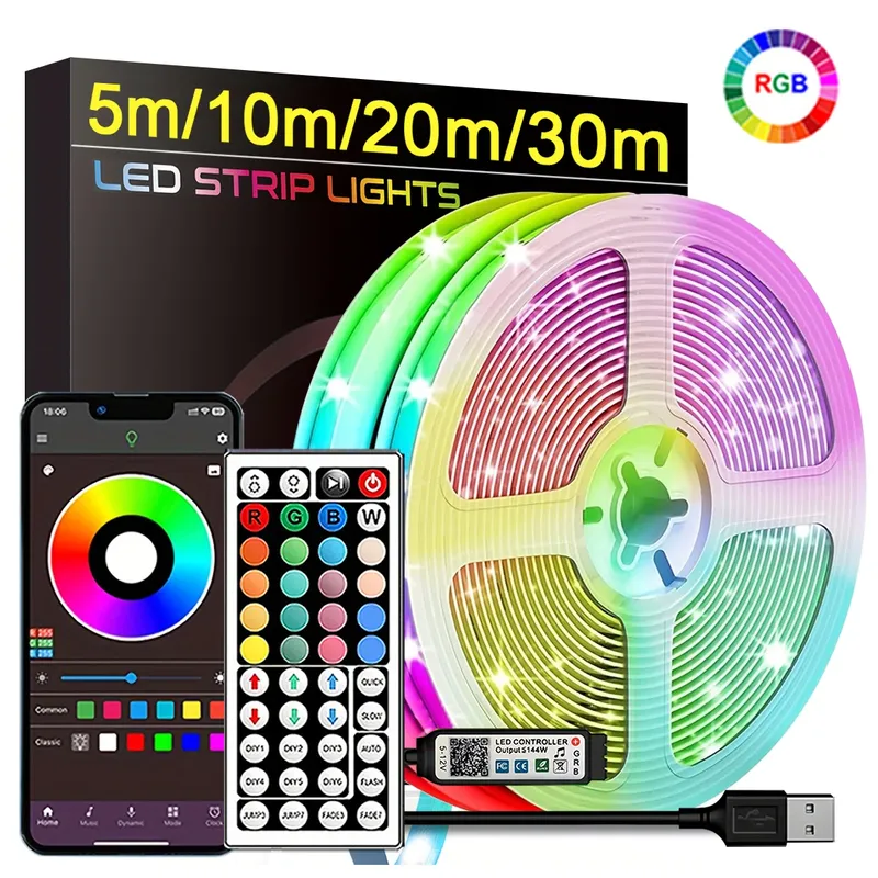 RGB-LED-Streifenlichter, 5 m, 10 m, 20 m, 30 m, LED-Raumlicht mit APP-Steuerung, flexibles Band, Luces-LED-Band für Zimmer, Schlafzimmer, Dekoration