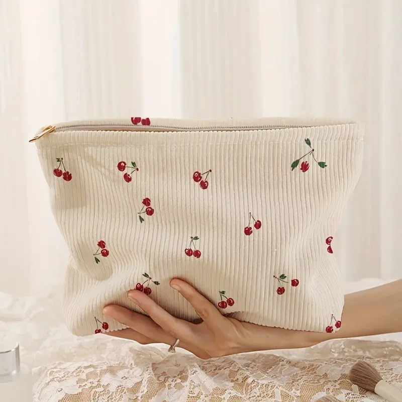 Kirschbedruckte Cord-Make-up-Tasche, leichte Make-up-Aufbewahrungsbox mit Reißverschluss, multifunktionale Tasche mit Futter