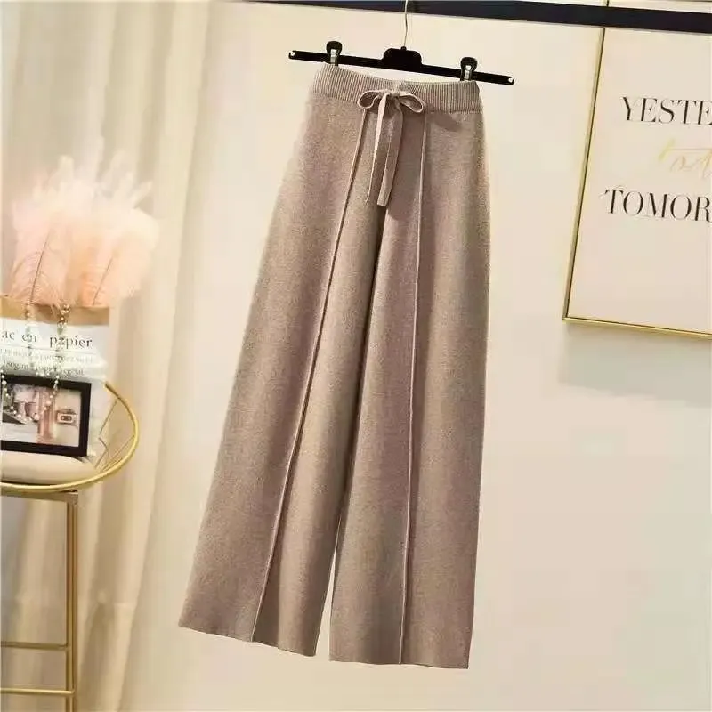 Gestrickte Hosen für Damen, Frühling und Herbst, hohe Taille, elastisch drapiert, Kordelzug, lockere, lässige Wischhose, gerade Hose mit weitem Bein