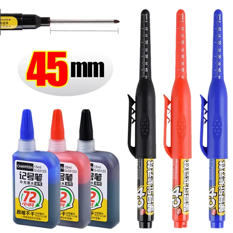 45 mm wasserdichte Tiefloch-Markierungsstifte mit langem Spitzenkopf, Zimmermannsstift, schwarze/blaue/rote Tinte für Mehrzweck-Handwerkzeuge für die Holzbearbeitung
