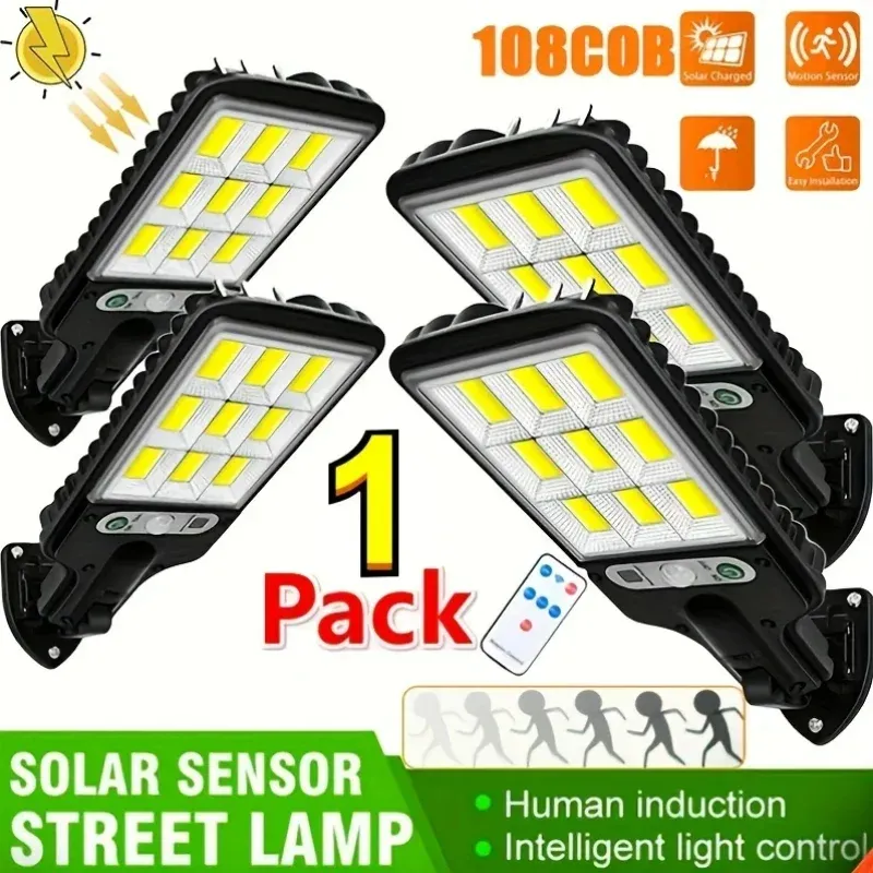 108 COB-Sensor-Straßenlaterne, 3 Lichtmodi, wasserdicht, für den Außenbereich, Sicherheits-Solarlampen für Garten, Terrasse, Weg, Fernbedienung