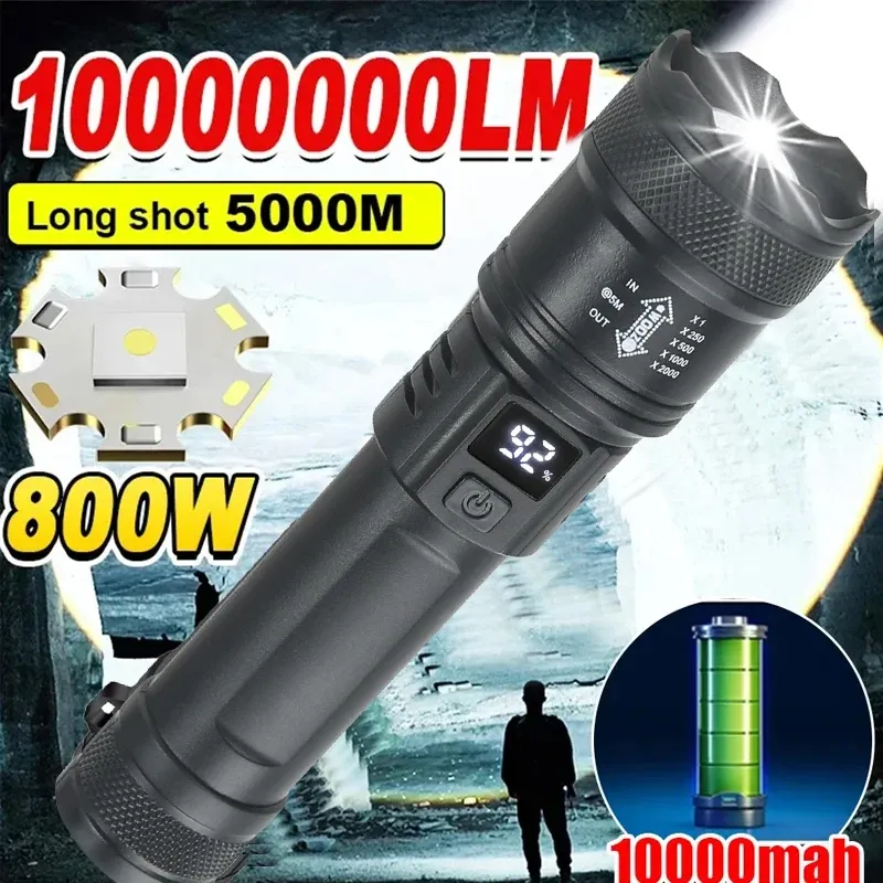 Hohe starke Leistung LED-Taschenlampen 2000lm taktische Taschenlampe mit Display-Licht USB-Aufladung Camping Angeln Notfall Zoom Laterne