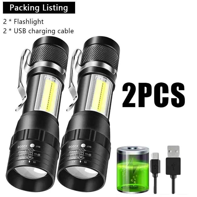 Mini-LED-Taschenlampe, wiederaufladbar, COB + XPE, zoombare Taschenlampe, 3-Modus, eingebauter Akku, Taschenlampe, Outdoor-Camping, Notfalllaterne