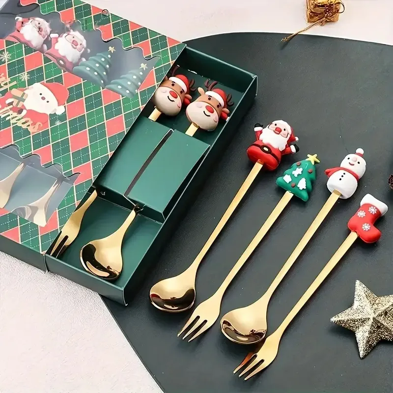 Besteck-Set mit Weihnachtsmotiv, Edelstahl, kreativer Cartoon, Messer, Gabel, Löffel, 2/4/6 Stück, Urlaubsgeschenk, Besteck-Dekoration