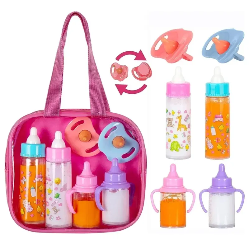 Großes Babypuppen-Flaschen-Set für Babypuppen, Babypflege, Spielzeug, Kinderwagen, Milch- und Saftflaschen mit Spielzeug-Schnuller