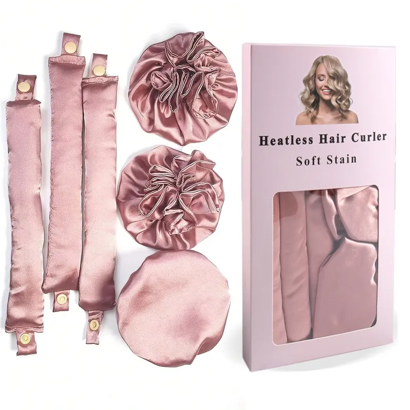 3-teiliger, hitzefreier Lockenstab aus Satin mit Haarkappen, weiches Lockenstab-Stirnband für langes Haar, DIY-Haarstyling-Werkzeuge