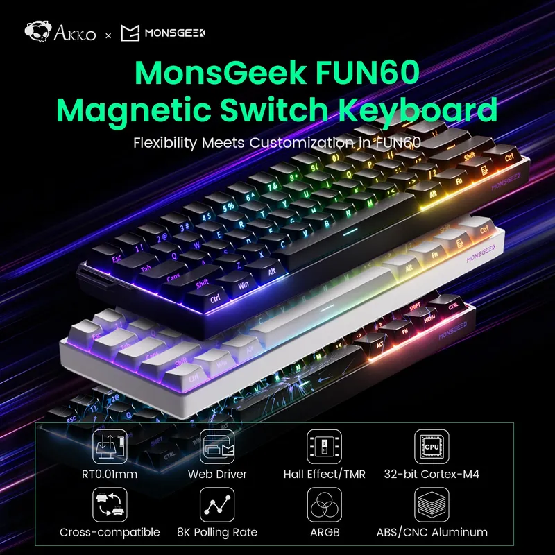 Akko MonsGeek FUN60 Mechanische Tastatur, Magnetschalter, 60 % Gaming-Tastaturen, Rapid Trigger, 0,01 mm, 8K ARGB HE/TMR, individuelle Tastatur