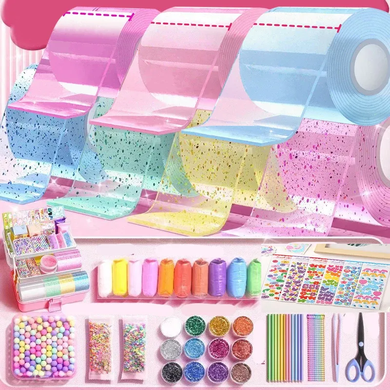DIY Blow Bubble Nano Tape Komplettes Set aus PET Nano Kleber Kneten Musik Doppelseitiges Klebeband Dekompressionsspielzeug Aufkleber Geschenk