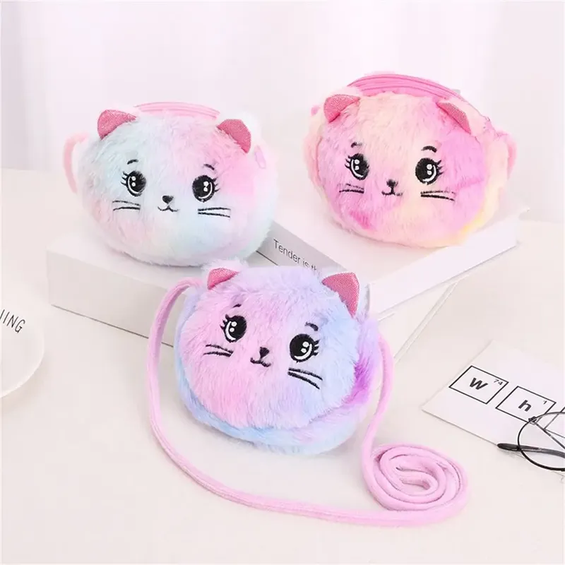 Regenbogen Farbe Katze Messenger Umhängetasche Geldbörse für Kinder Mini schöne Taschen Plüsch ausgestopfte Puppen weiche Handtaschen Geschenk für Mädchen