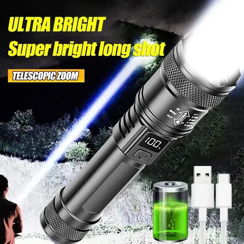 Hochstarke LED-Taschenlampen, 2000 lm, taktische Taschenlampe mit Display-Licht, USB-Aufladung, Camping, Angeln, Notfall-Zoom-Laterne