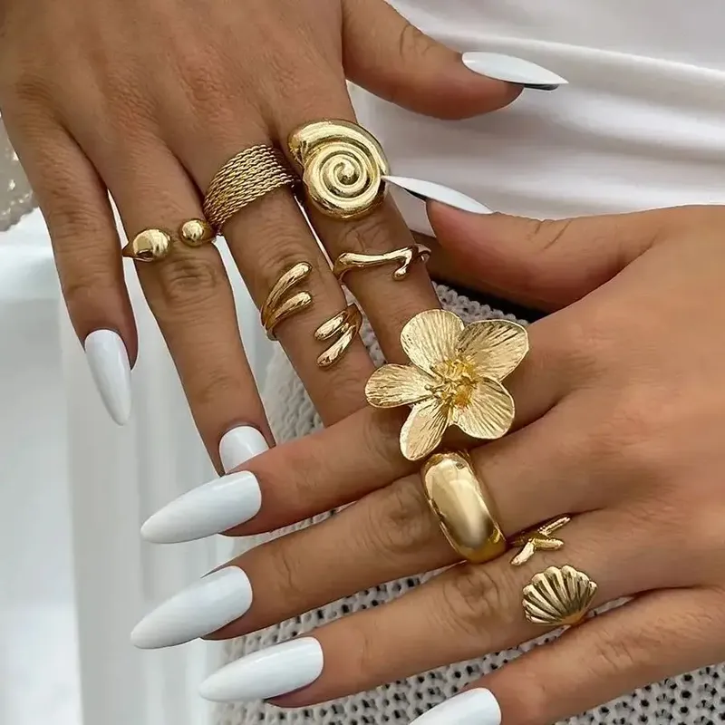 Ingemark 8 Teile/satz Vintage Metall Blütenblatt Blume Wasser Tropfen Offene Ringe für Frauen Trend 2025 Goth Geometrische Ring Täglichen Schmuck geschenk