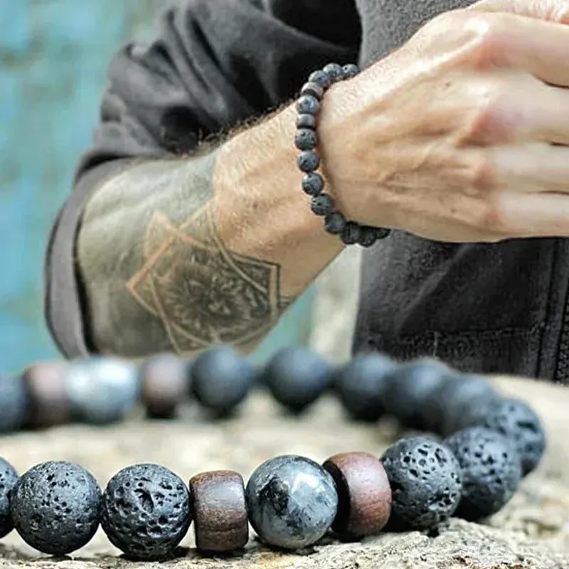 8mm Vulkanstein Armband für Männer Lava Holzperlen Armband Tibetischer Buddha Männliche Handgelenkkette Schmuck Handgefertigtes elastisches Armband