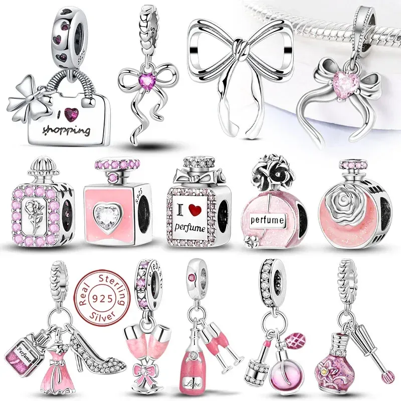 Passend für Original-Charms aus 925er-Sterlingsilber, Perlen, Schleife, Parfümflasche, rosa Charms für Frauen, feiner DIY-Geburtstagsschmuck, Geschenke