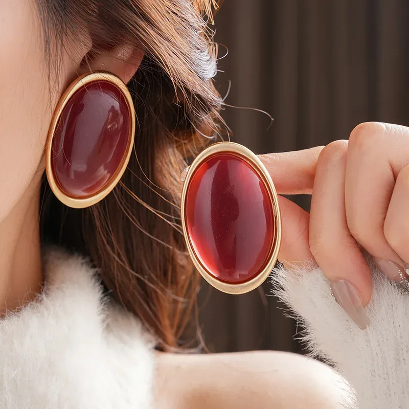 Vintage rote Harz Damen Ohrringe Ohrstecker Luxus große geometrische ovale Ohrringe Party Hochzeit Ohrschmuck Großhandel