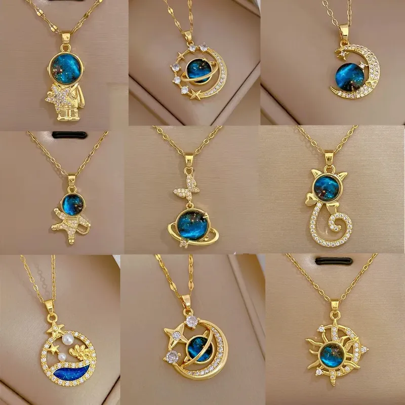 Licht Luxus Titan Stahl Stern Serie Halskette für Frauen Gold Farbe Planet Mond Astronaut Anhänger Halsketten Schmuck Geschenke