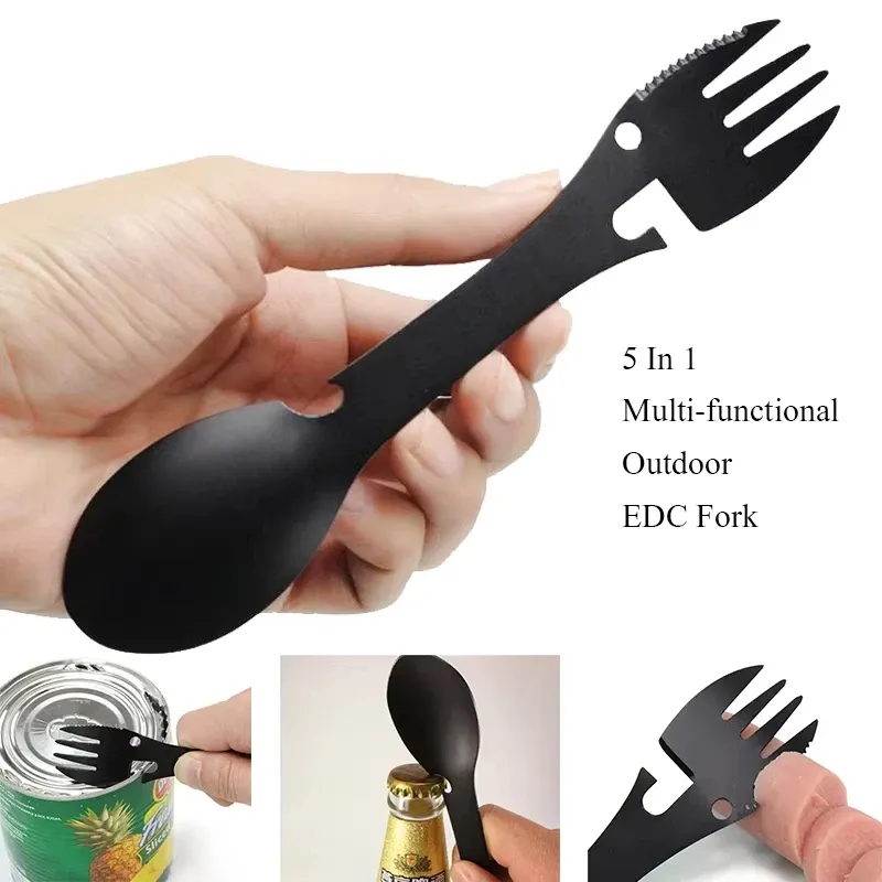 Outdoor-Survival-Tools, 5-in-1, Camping, multifunktionales EDC-Set, praktische Gabel, Messer, Löffel, Flaschen-/Dosenöffner
