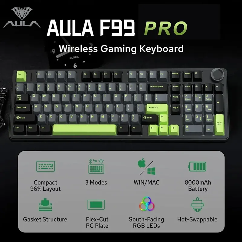 AULA F99PRO Mechanische Gaming-Tastatur, 99-Tasten, drei Modi, kabellos, Hot-Swap-fähige Dichtungsstruktur, individuelle Tastatur mit Medienknopf