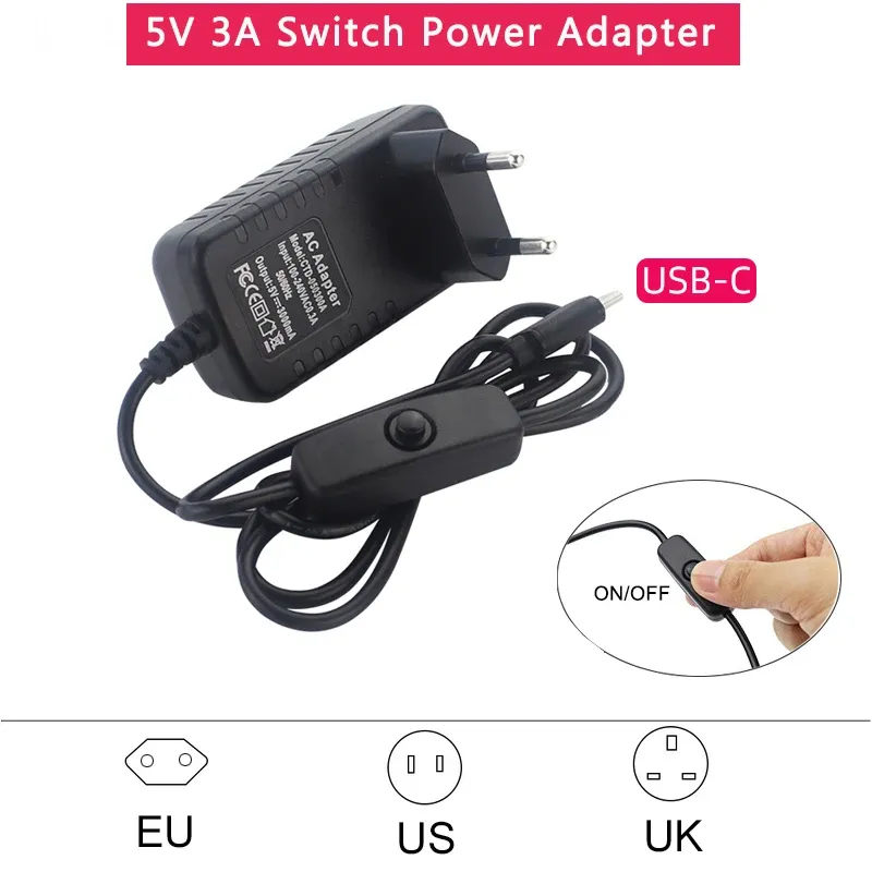 5V 3A Netzteil mit EIN/AUS-Schalter EU US UK Stecker Ladegerät USB Typ-C Netzteil für Raspberry Pi 4 Orange Pi Zero 3/3B