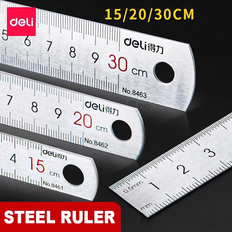 Deli Edelstahl-Lineal, 15/20/30 cm, gerades Metalllineal für Zuhause, Schule, Präzisionsmessung, Zeichenwerkzeug, Zubehör, 1/2/5 Stück