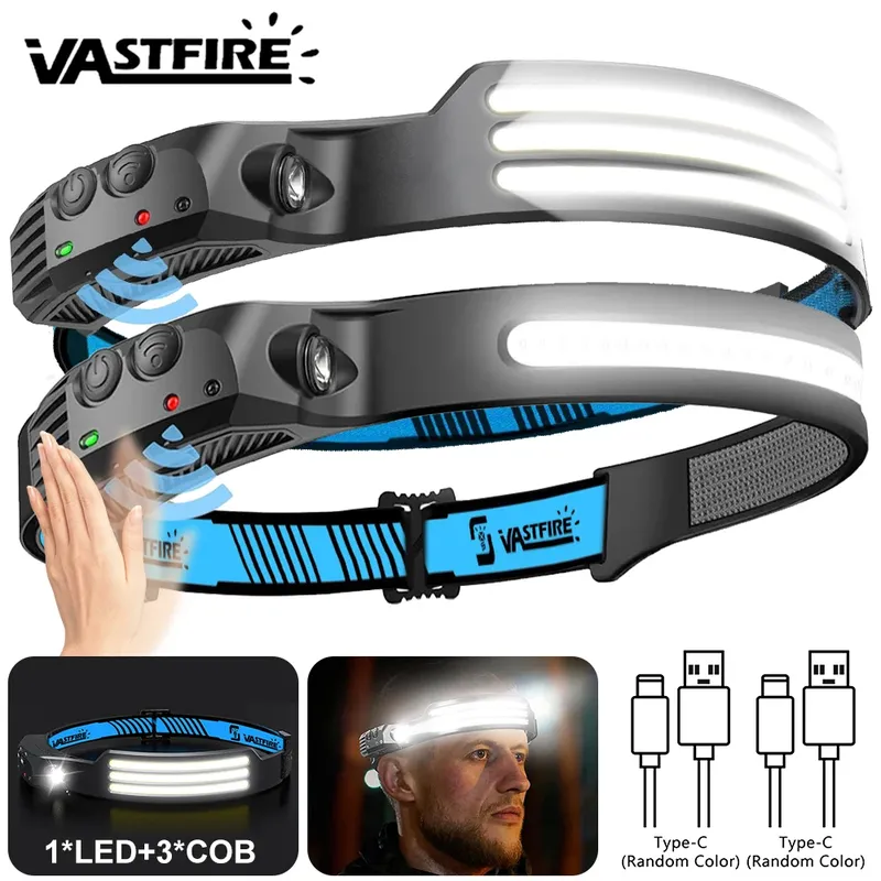 Induktionsscheinwerfer COB + LED-Kopf-Taschenlampe, eingebauter Akku, USB wiederaufladbar, wasserdicht, für Camping, Angeln, Arbeit, Laterne ﻿