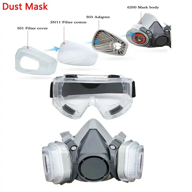 6200 Staubmaske halbes Gesicht mit 503 5N11 Partikelfiltern, Schutzbrillen-Set für industrielle Arbeit, Staub, Farbe, Spray, Dekoration, Schleifen ﻿