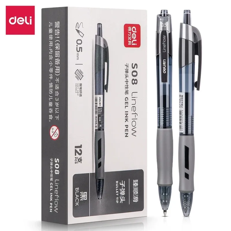 DELI Gel-Tintenstift, 0,5 mm, 12 Stück/Box – einziehbarer Bürostift mit weicher Griff und glatter Tinte in Schwarz/Blau/Rot