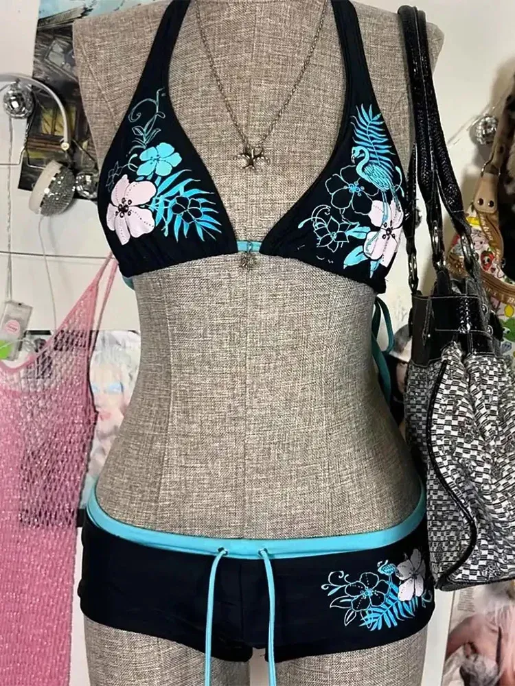 Vintage Blumendruck Cutie Set Bikini 2000er Jahre Badeanzug Sexy Frauen Bademode Neckholder Bademode High Street Strand weiblich