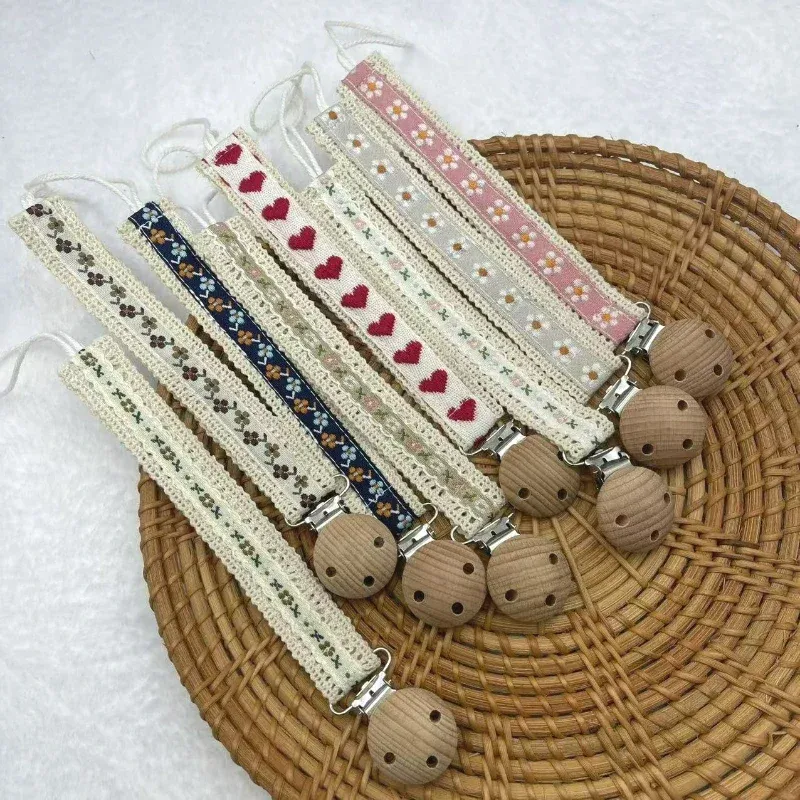 Holz Baby Schnullerkette Niedlicher Blumendruck Schnuller Nippelhalter Schutz Beißring Anhänger Babyzubehör