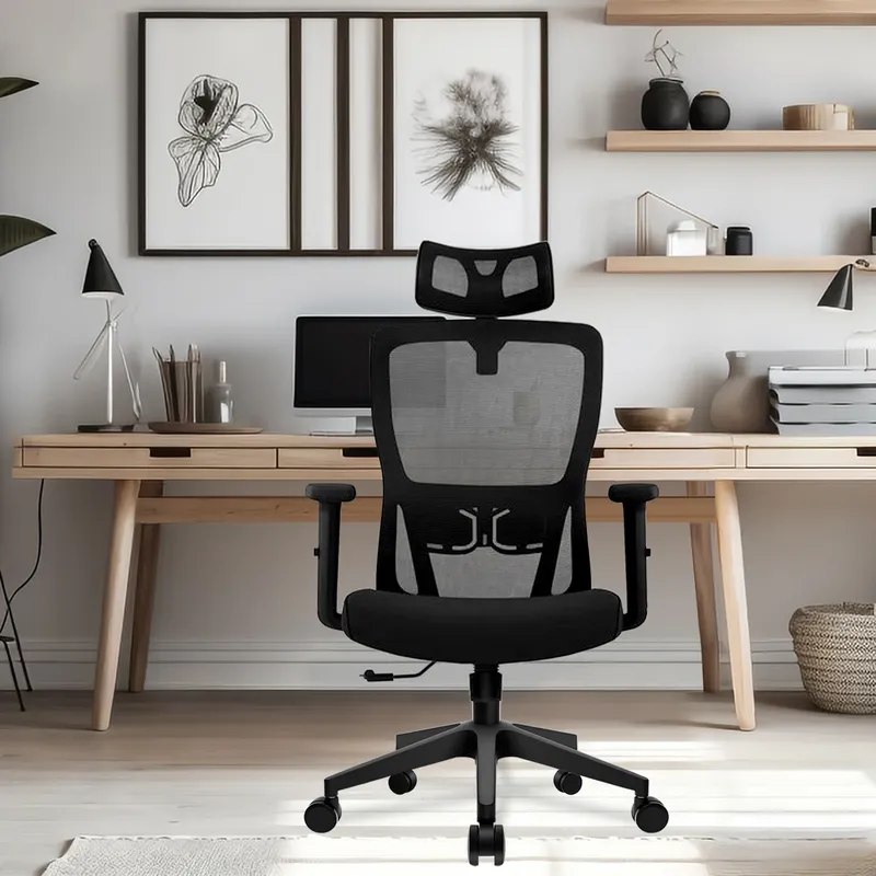 Durrafy Ergonomischer Bürostuhl, Schreibtischstuhl mit verstellbarer Kopfstütze, Armlehnen und Lordosenstütze, Netzdrehstühle, Schwarz