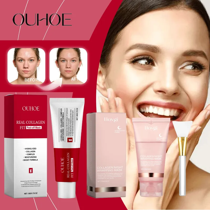 Ouhoe Collagen Peel Off-Maske mit Anwendungsbürste, Anti-Falten-Straffung, feuchtigkeitsspendend, leicht abziehbar, alle Hauttypen, nicht reizend, sauber