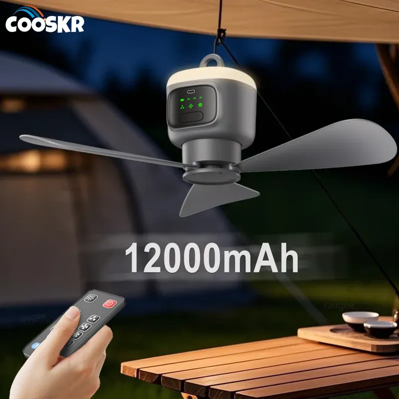 12000 mAh Tragbare Deckenventilatoren Outdoor Camping Ventilator Zelt Luftzirkulator Kühler Wiederaufladbarer elektrischer Ventilator Fernbedienung LED-Licht
