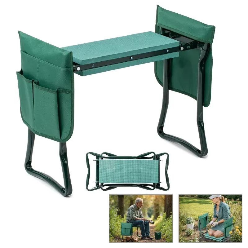 Garten-Kniebank und Sitz, faltbarer Kniestuhl mit dickem Schaumstoffpolster, robuste Bank mit Werkzeugtasche, Geschenke zum Angeln, Grün
