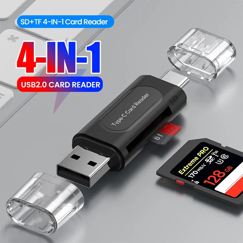 4-in-1-Multifunktions-USB-TYPE-C-Kartenleser, externer Speicher, schwarzer Stretch für Memory Stick USB 2.0 Mini SD TF-Kartenleser