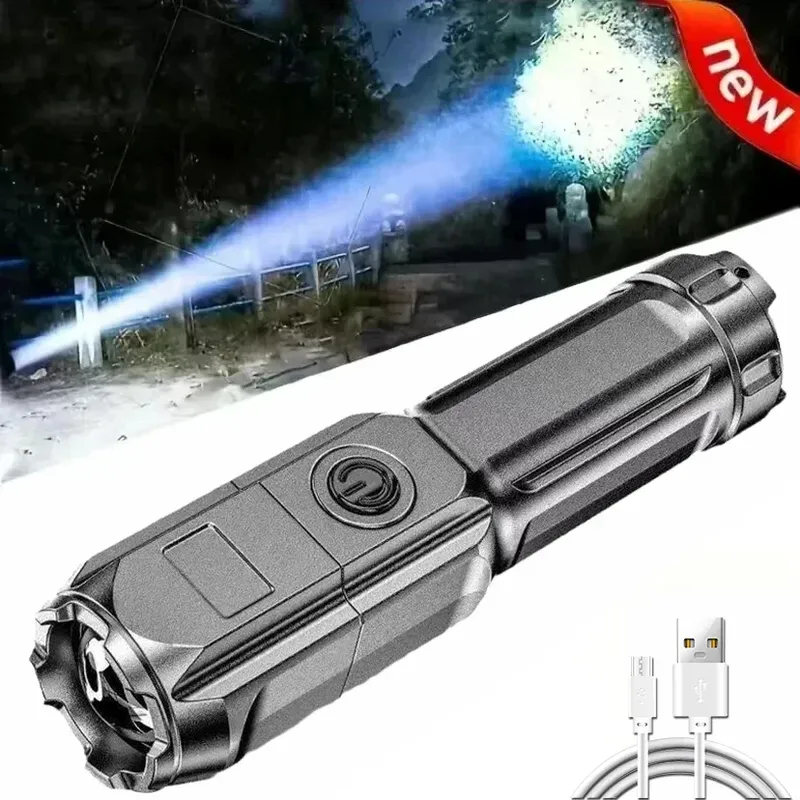 100000   Leistungsstarke LED-Taschenlampe mit Lumen, wiederaufladbar, USB 18650, wasserdicht, Zoom, Angeln, Jagd, taktische Taschenlampe, ABS-Material