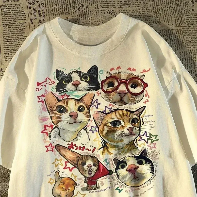 Amerikanischen Retro Spaß Cartoon Katze Drucken kurzarm T-shirt frauen Sommer Lose Top T-shirt Grafik T Shirts Frauen kleidung Y2K