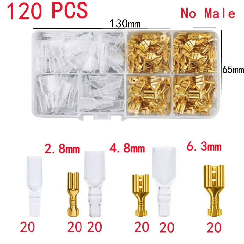 120 Stück im Karton verpackt, Gold-/Silber-Crimp-Anschluss, Buchse 2,8/4,8/6,3 mm, kein Stecker, Drahtverbinder, elektrische Anschlüsse