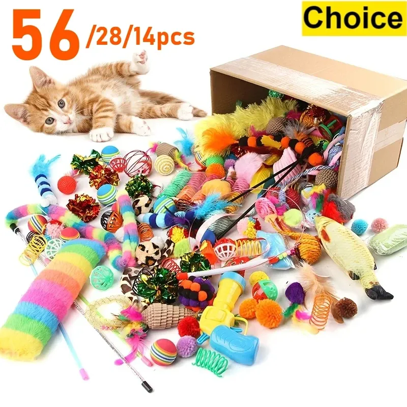 56 Stück/28 Stück/14 Stück Katzenspielzeug, gemischte Packung. Eine Kombination aus verschiedenen Plastikspielzeugen und Plüschtieren, die für mehrere Katzen zum Spielen geeignet sind
